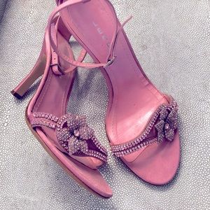 LERRE Handmade in Italy Pink Silk 3.5” heel Rhinestone Flower Size 37 Sandals